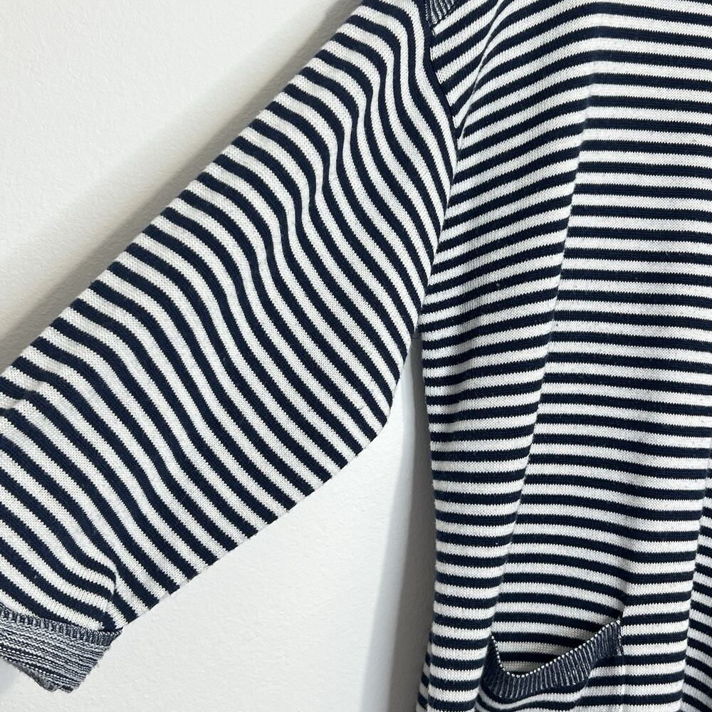 Chico’s Size 2 Women’s Navy White Striped Knit Tunic Sweater 3/4 Sleeve Pockets - Picture 2 of 10